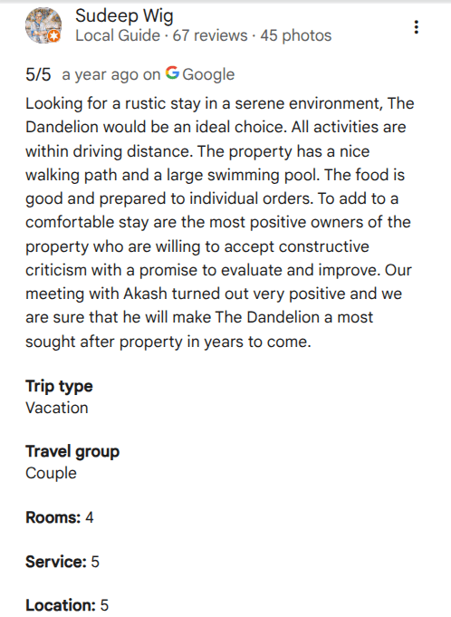 Guest review 1 of The Dandelion – Colonels' Jungle Resort