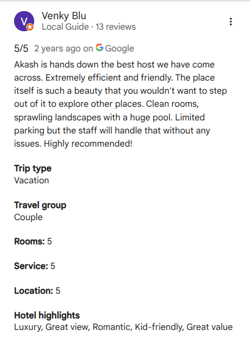 Guest review 3 of The Dandelion – Colonels' Jungle Resort